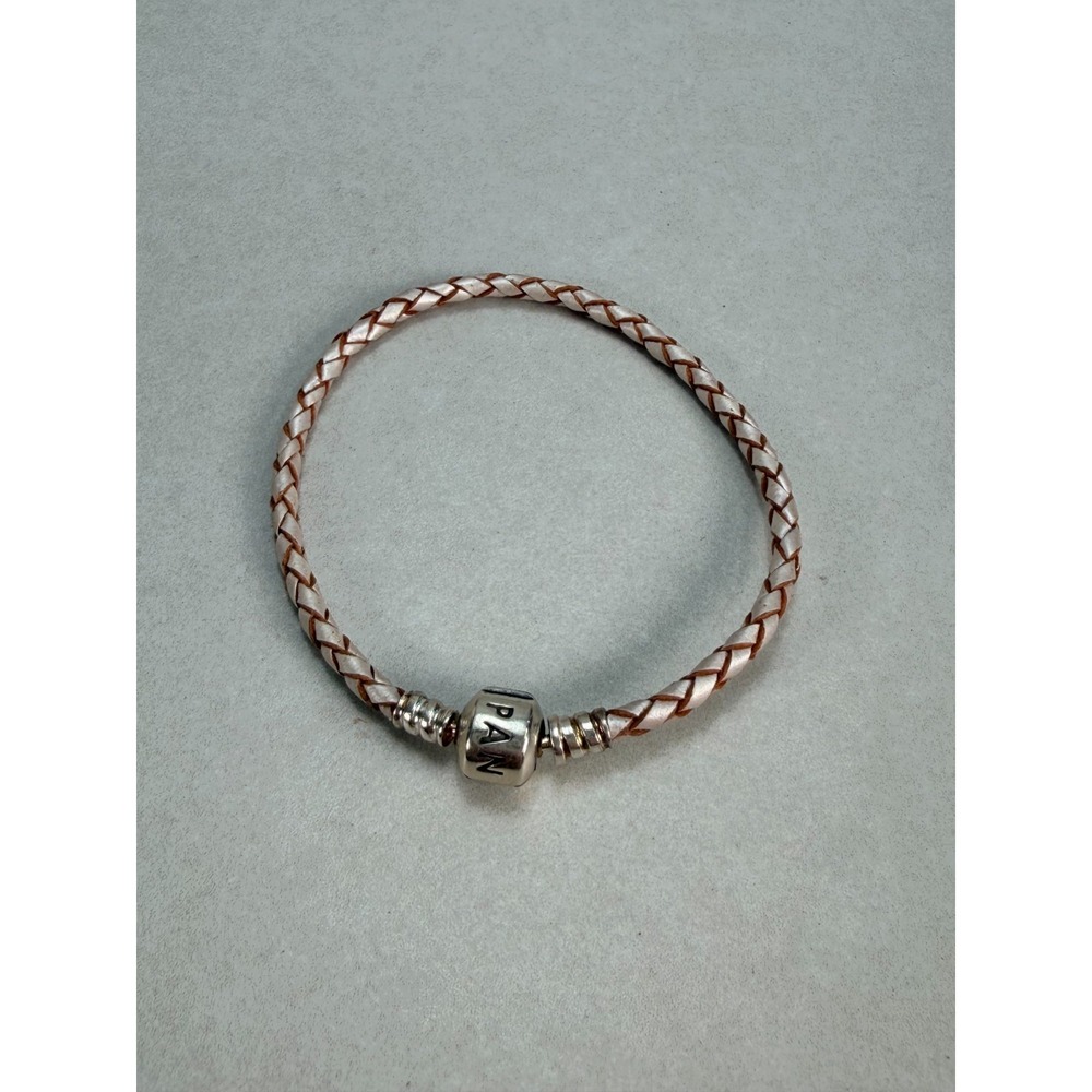 Pandora Leather Braided Bracelet Sterling Barrel Clasp Pearl White 925 Silver